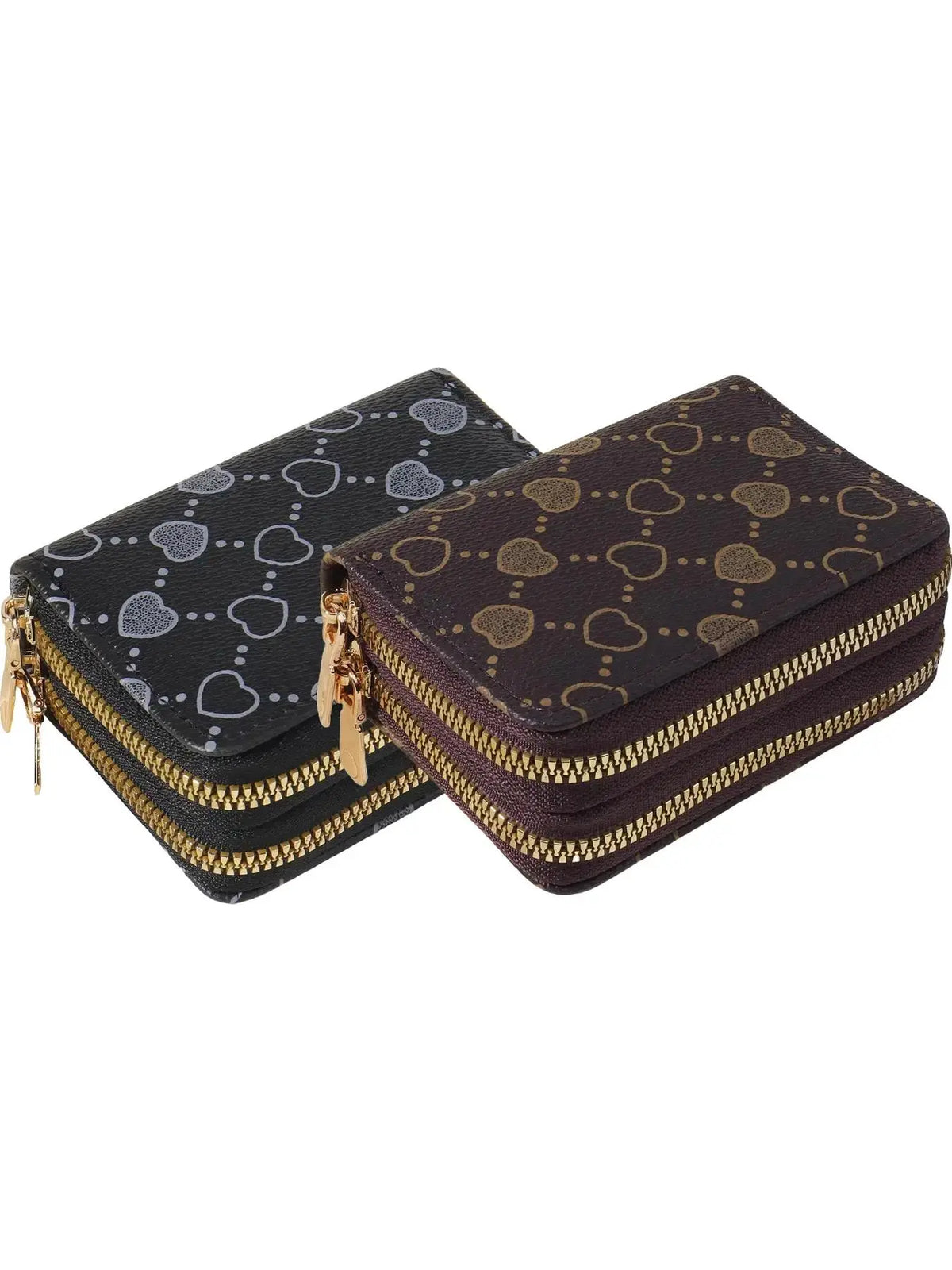 Women'S Fall Winter 2024 Retro Heart Print Double Zipper around Coin Purse for Mothers Day Gift, Simple Casual Multi-Card Card Holder, Pu Leather Credit Card Storage Bag for Outdoors & Travel