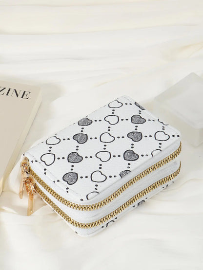 Women'S Fall Winter 2024 Retro Heart Print Double Zipper around Coin Purse for Mothers Day Gift, Simple Casual Multi-Card Card Holder, Pu Leather Credit Card Storage Bag for Outdoors & Travel