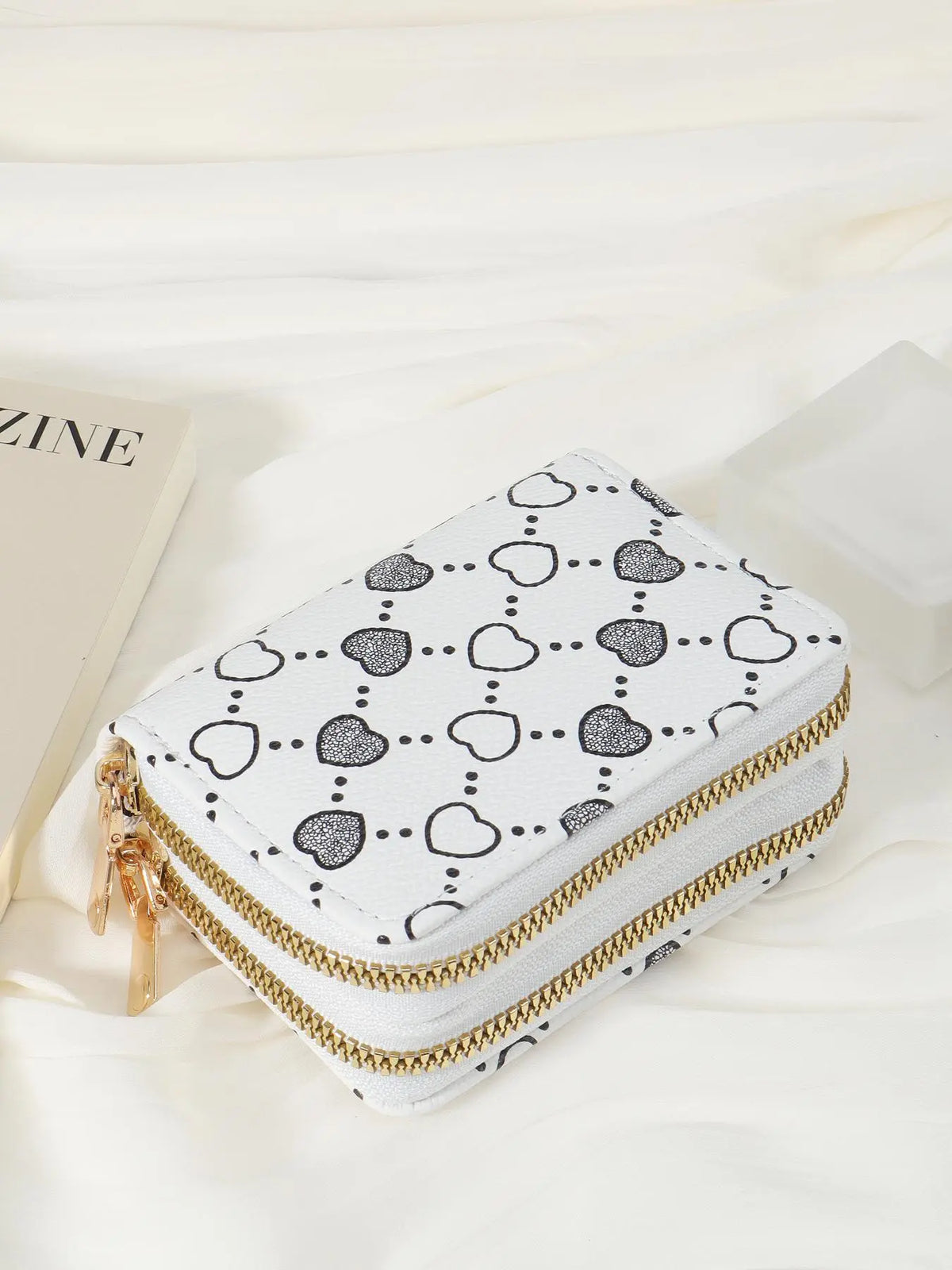 Women'S Fall Winter 2024 Retro Heart Print Double Zipper around Coin Purse for Mothers Day Gift, Simple Casual Multi-Card Card Holder, Pu Leather Credit Card Storage Bag for Outdoors & Travel