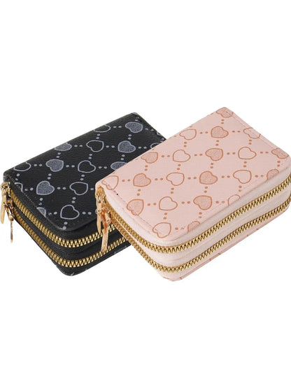 Women'S Fall Winter 2024 Retro Heart Print Double Zipper around Coin Purse for Mothers Day Gift, Simple Casual Multi-Card Card Holder, Pu Leather Credit Card Storage Bag for Outdoors & Travel