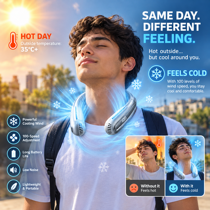 Person wearing a rechargeable neck fan outdoors