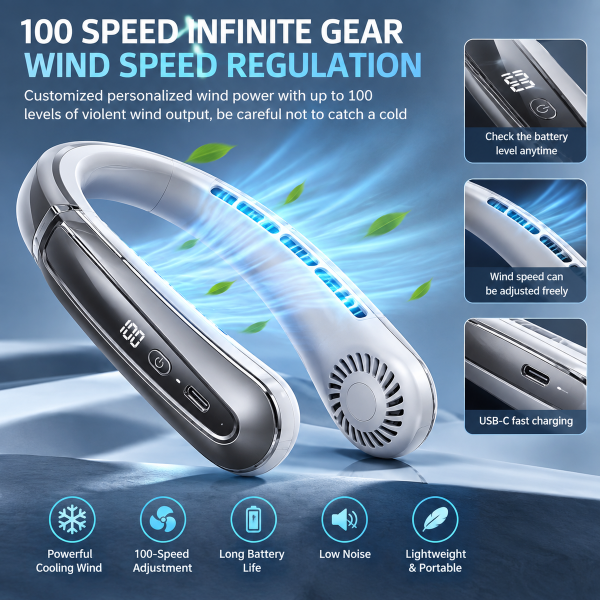 White rechargeable neck fan with digital display