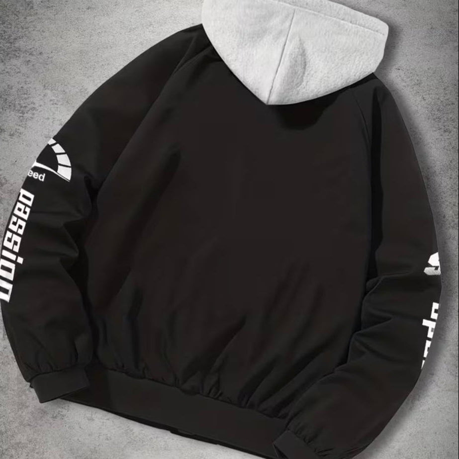 Racing print hooded jacket listing showing available colors and sizes