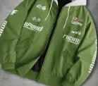 Black racing print hooded jacket shown from front and back