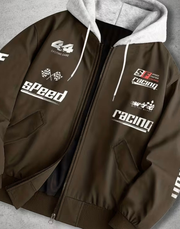 Brown racing print zip-up hooded jacket with grey hood