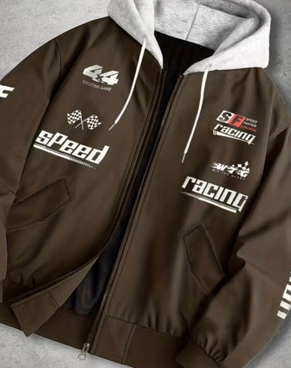 Brown racing print zip-up hooded jacket with grey hood