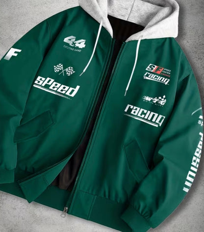 Green racing print zip-up hooded jacket with grey hood