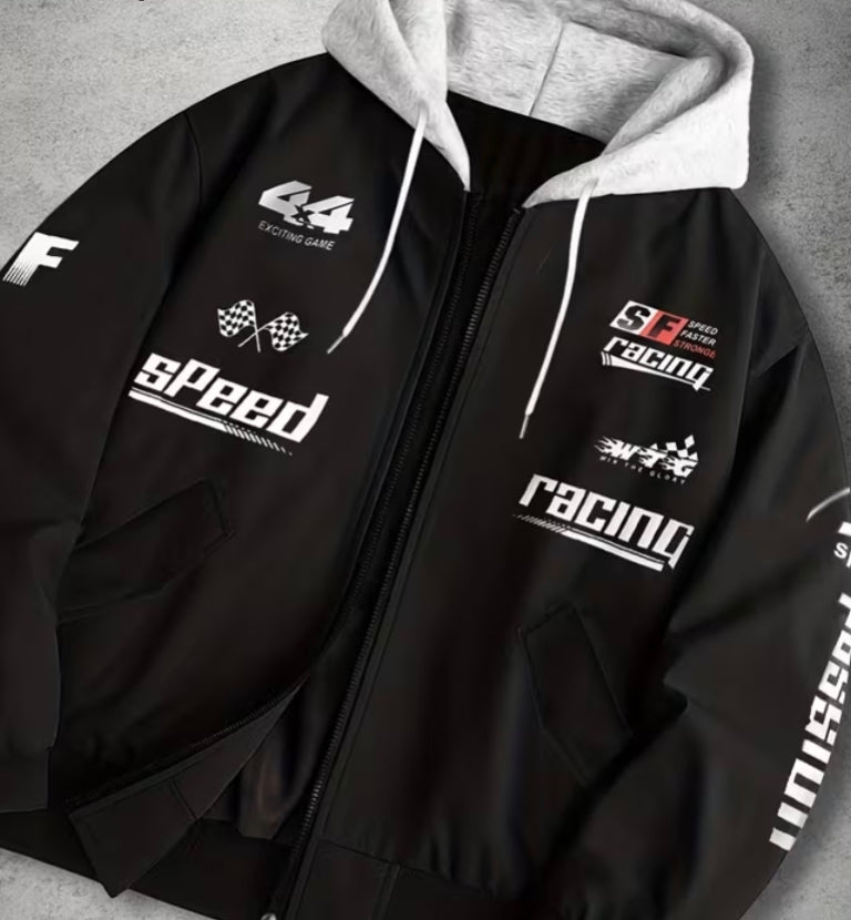 Black racing print zip-up hooded jacket with grey hood