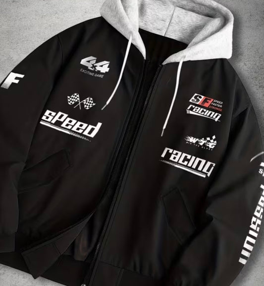 Black racing print zip-up hooded jacket with grey hood