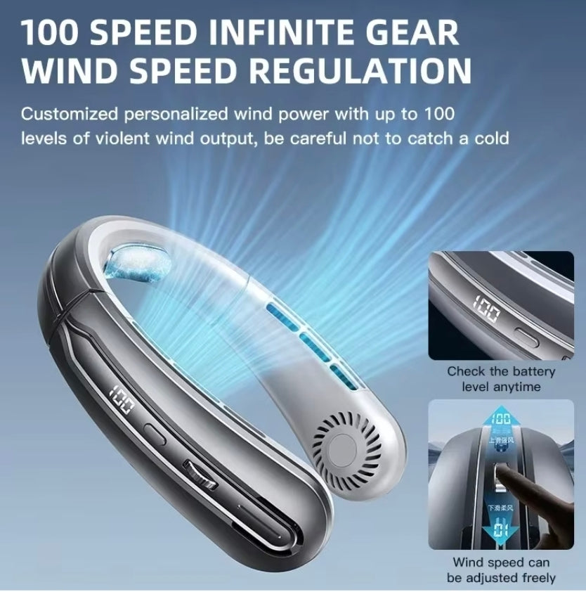 Rechargeable neck fan showing adjustable wind speed