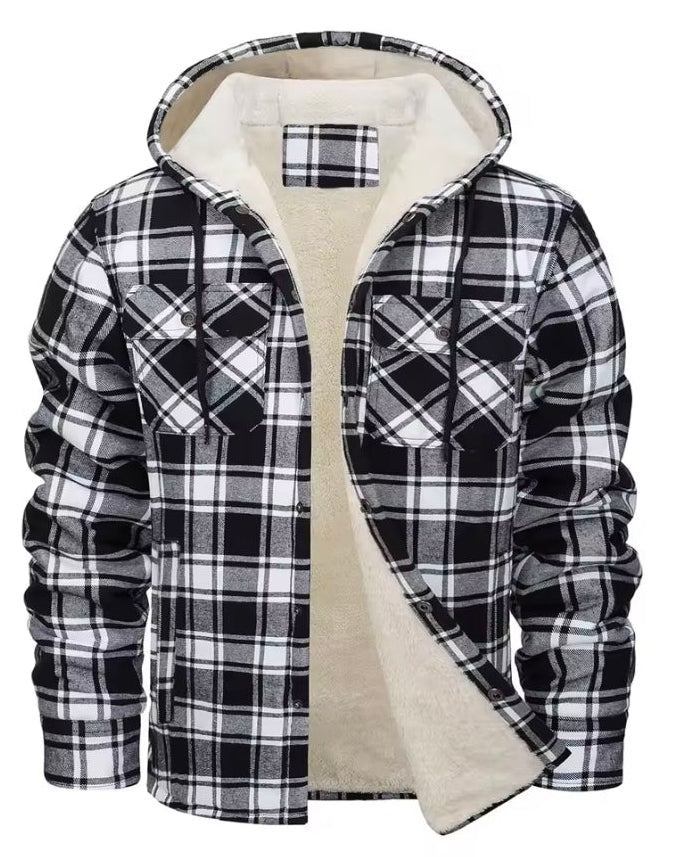 Men's green and navy plaid sherpa-lined hooded jacket