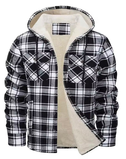 Men's green and navy plaid sherpa-lined hooded jacket