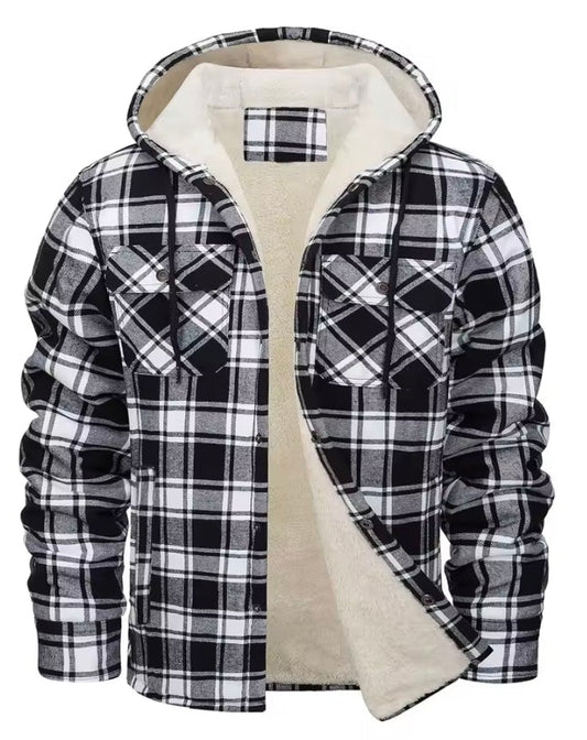Men's green and navy plaid sherpa-lined hooded jacket