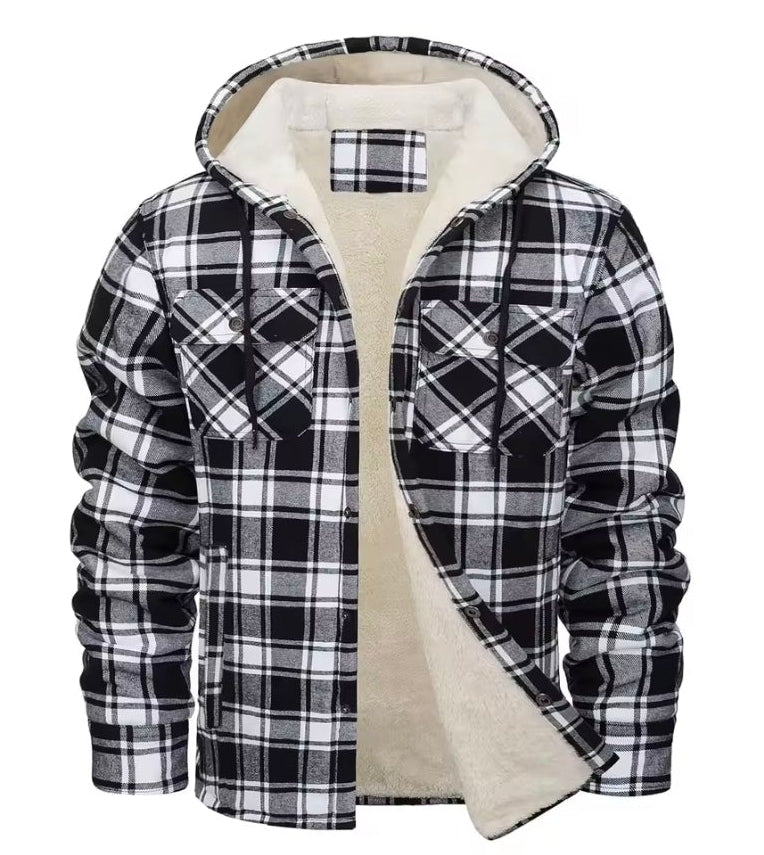 Men's black and grey plaid sherpa-lined hooded jacket