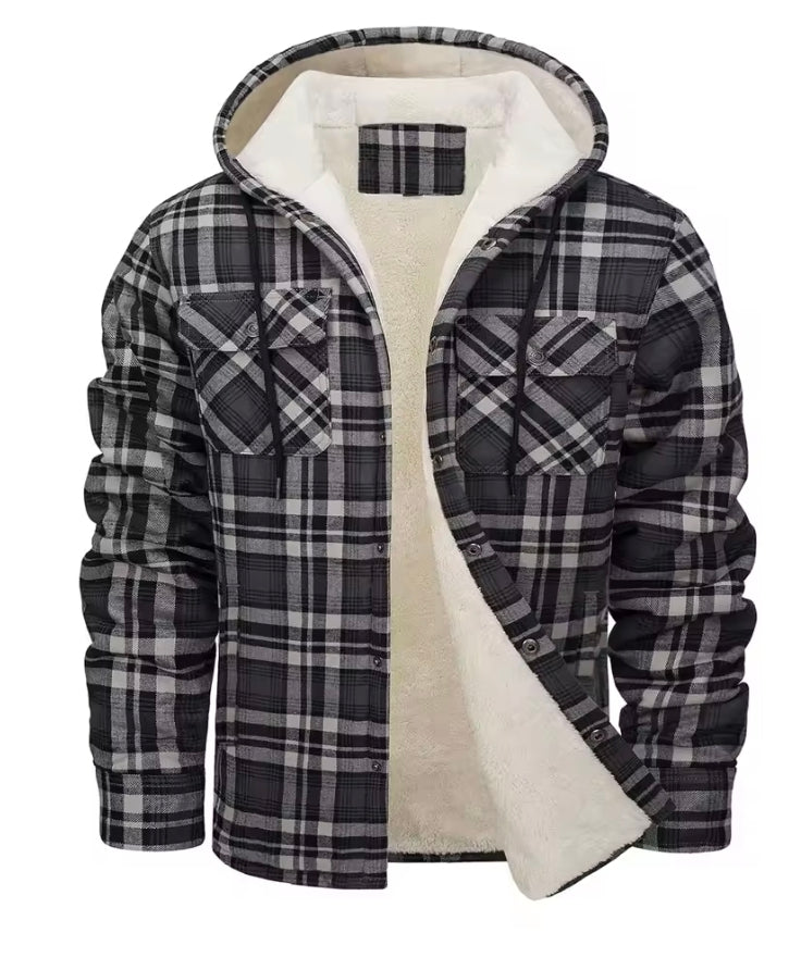 Men's brown plaid sherpa-lined hooded jacket