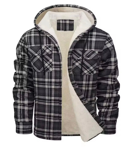 Men's brown plaid sherpa-lined hooded jacket