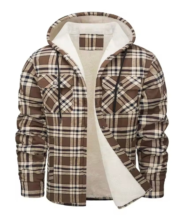 Men's black and white plaid sherpa-lined hooded jacket