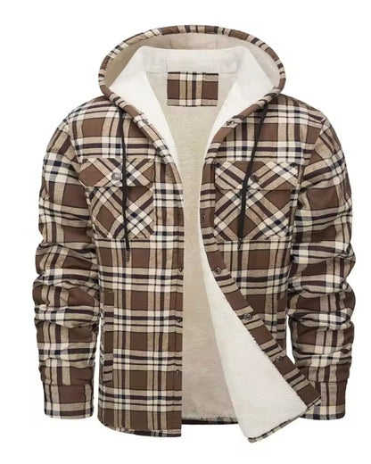 Men's black and white plaid sherpa-lined hooded jacket