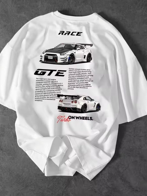 White oversized T-shirt with race car graphic print