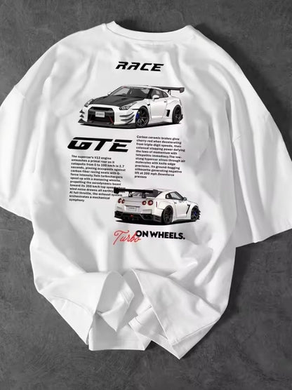 White oversized T-shirt with race car graphic print
