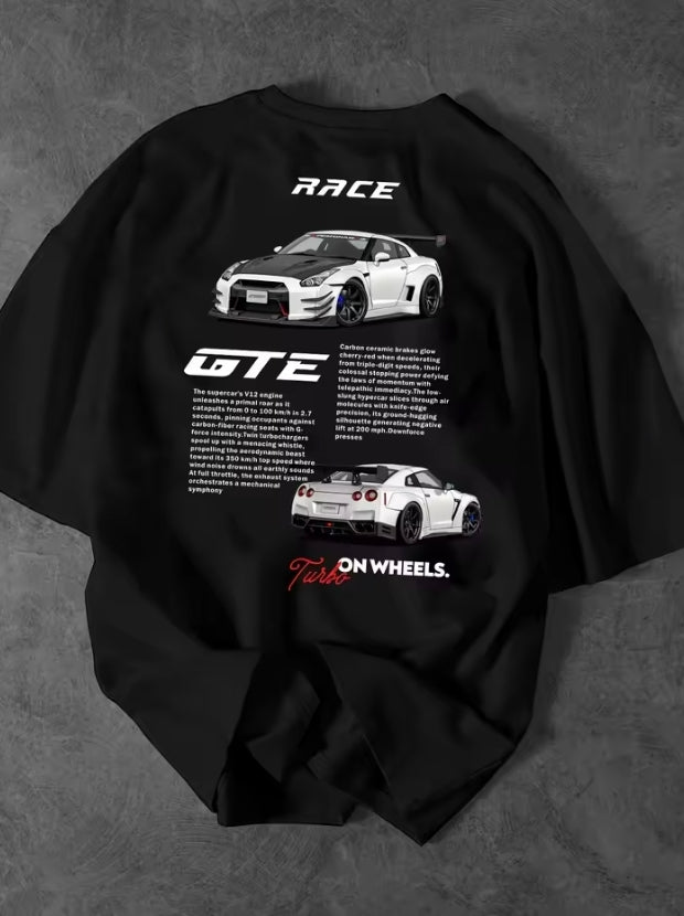 Black oversized T-shirt with race car graphic print