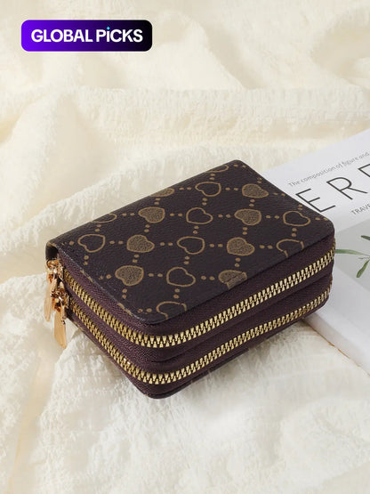 Women'S Fall Winter 2024 Retro Heart Print Double Zipper around Coin Purse for Mothers Day Gift, Simple Casual Multi-Card Card Holder, Pu Leather Credit Card Storage Bag for Outdoors & Travel