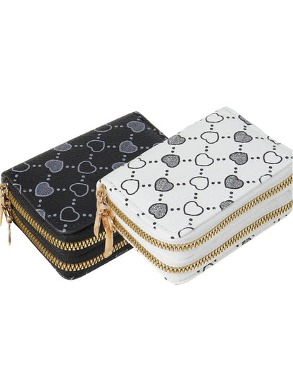 Women'S Fall Winter 2024 Retro Heart Print Double Zipper around Coin Purse for Mothers Day Gift, Simple Casual Multi-Card Card Holder, Pu Leather Credit Card Storage Bag for Outdoors & Travel