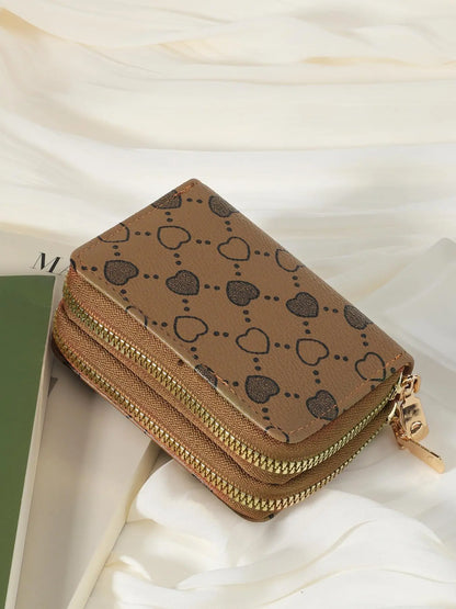 Women'S Fall Winter 2024 Retro Heart Print Double Zipper around Coin Purse for Mothers Day Gift, Simple Casual Multi-Card Card Holder, Pu Leather Credit Card Storage Bag for Outdoors & Travel