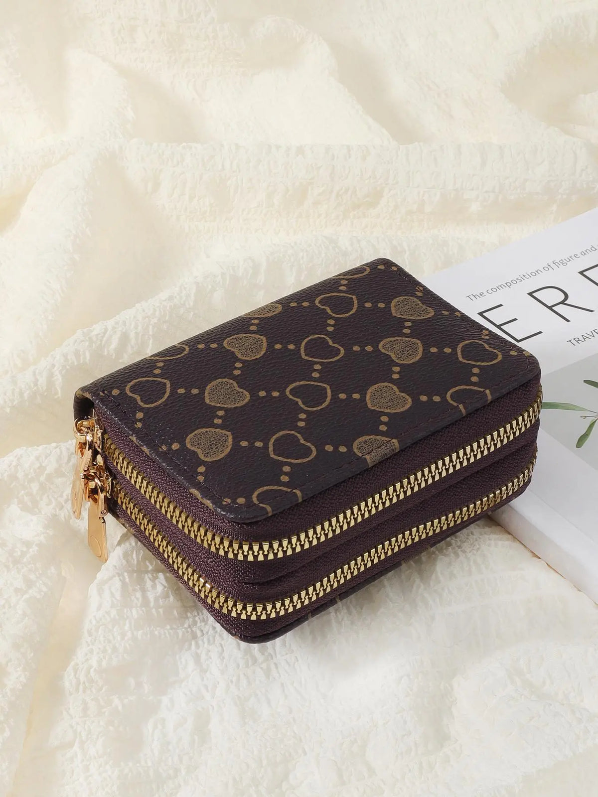 Women'S Fall Winter 2024 Retro Heart Print Double Zipper around Coin Purse for Mothers Day Gift, Simple Casual Multi-Card Card Holder, Pu Leather Credit Card Storage Bag for Outdoors & Travel